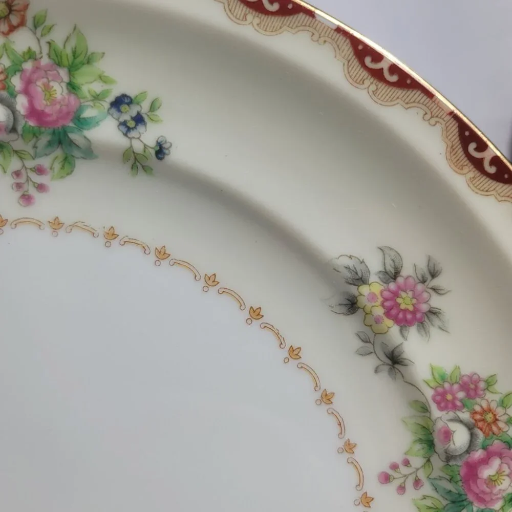TWO Meito Keepsake Dinner Plates Ivory with Rust & Tan Scroll & Floral Rim